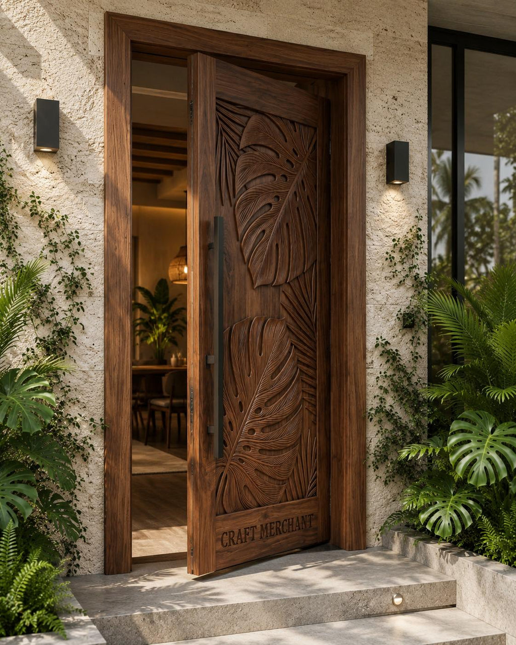 Solid Teak Wood Door | Hand Carved Tropical Leaf Exterior Entry Door