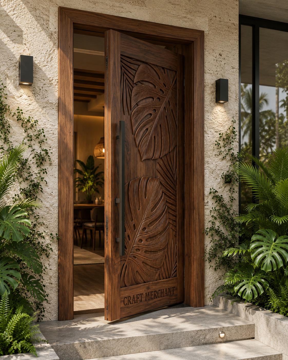 Solid Teak Wood Door | Hand Carved Tropical Leaf Exterior Entry Door
