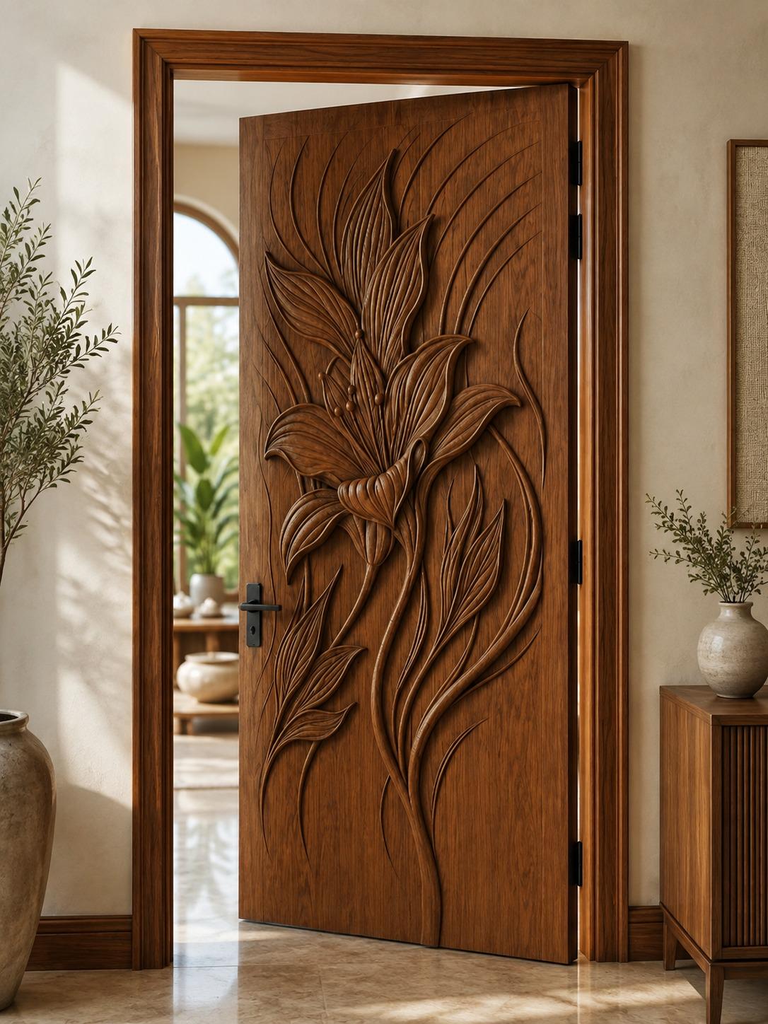Hand Carved Solid Teak Wood Floral Door | Luxury Wooden Entry Door | Custom Main Entrance Door | Artisan Carved Door