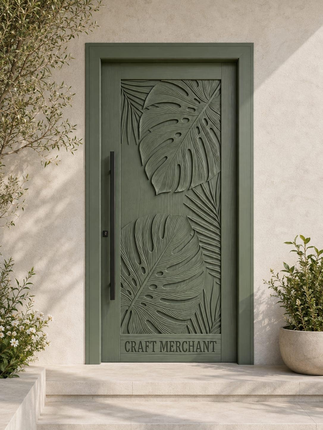 Handcrafted Teak Monstera Leaf Door | CNC Carved Exterior Entry (Custom Size).