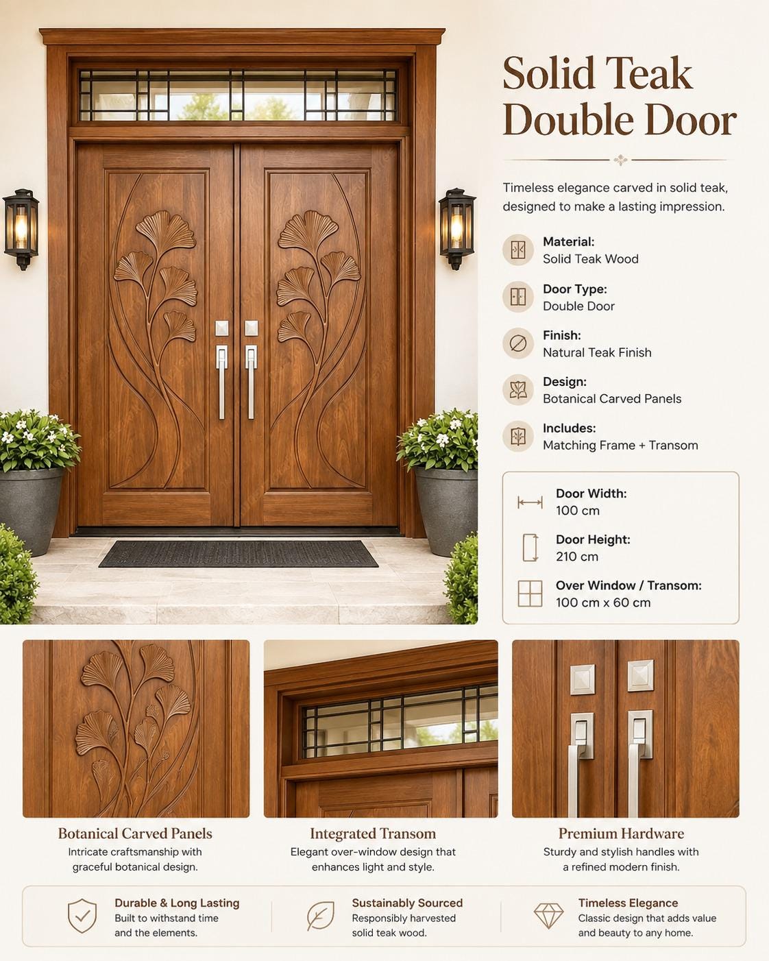 Solid Teak Wood Double Entry Door | Hand Carved Wave Design Exterior Wooden Door