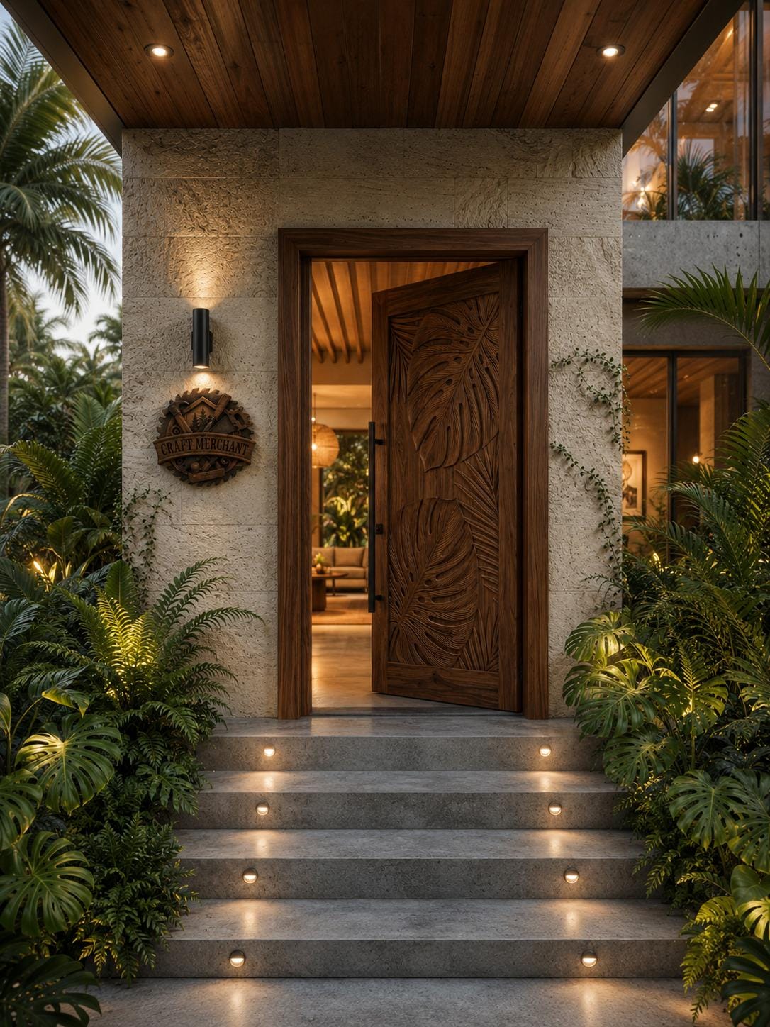 Solid Teak Wood Door | Hand Carved Tropical Leaf Exterior Entry Door