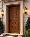 Solid Teak Wood Door | CNC Carved Wave Design, Walnut Finish, Custom Size