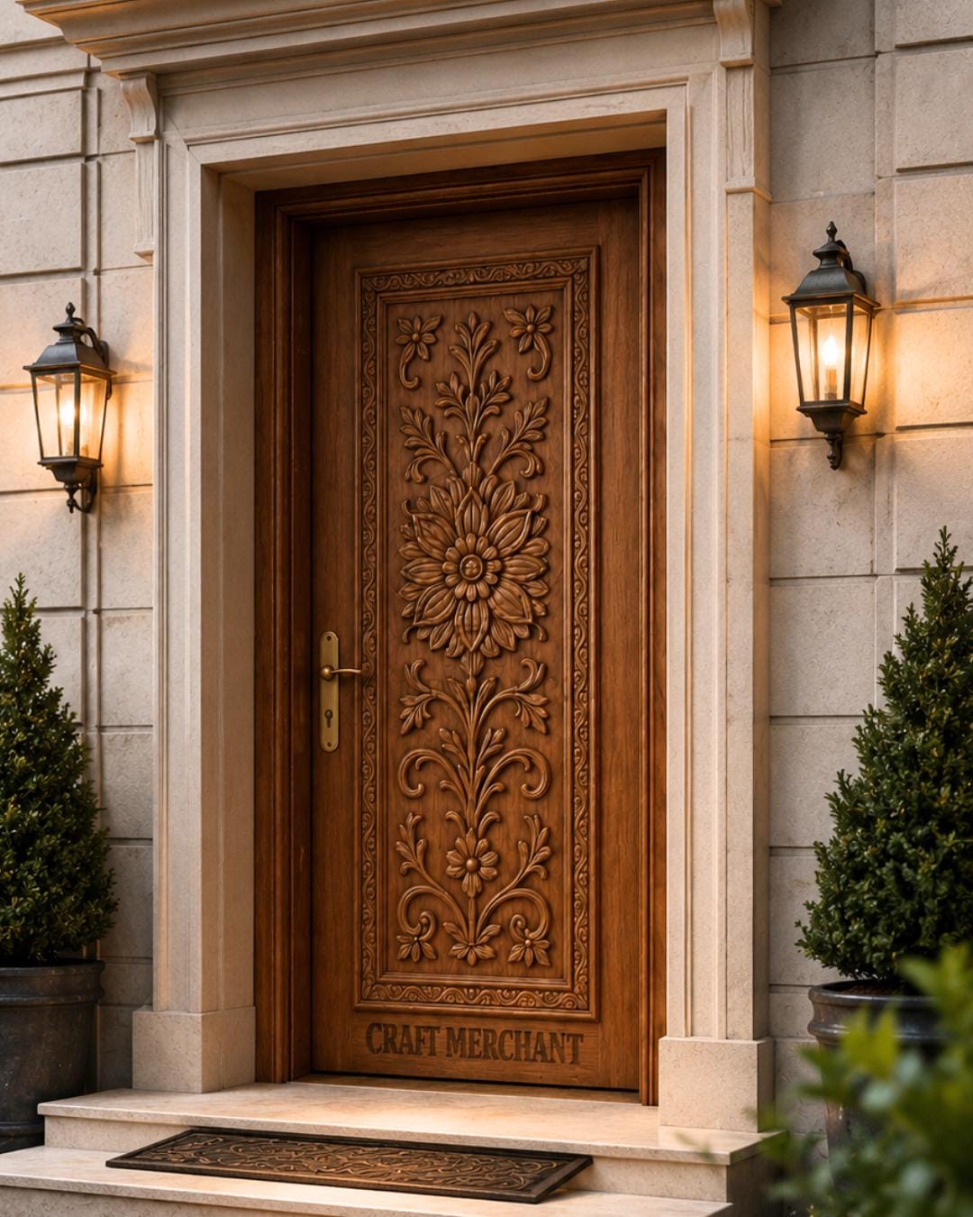 Solid Teak Wood Door | CNC Carved Wave Design, Walnut Finish, Custom Size