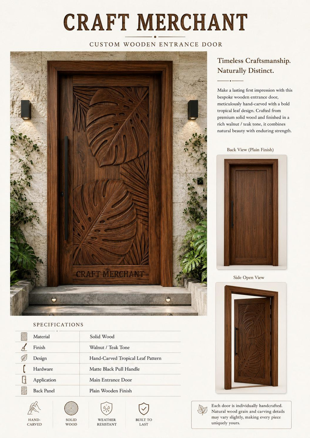 Solid Teak Wood Door | Hand Carved Tropical Leaf Exterior Entry Door