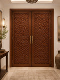 Solid Teak Wood Double Entry Door | CNC Carved Geometric Wave Pattern Exterior Door
