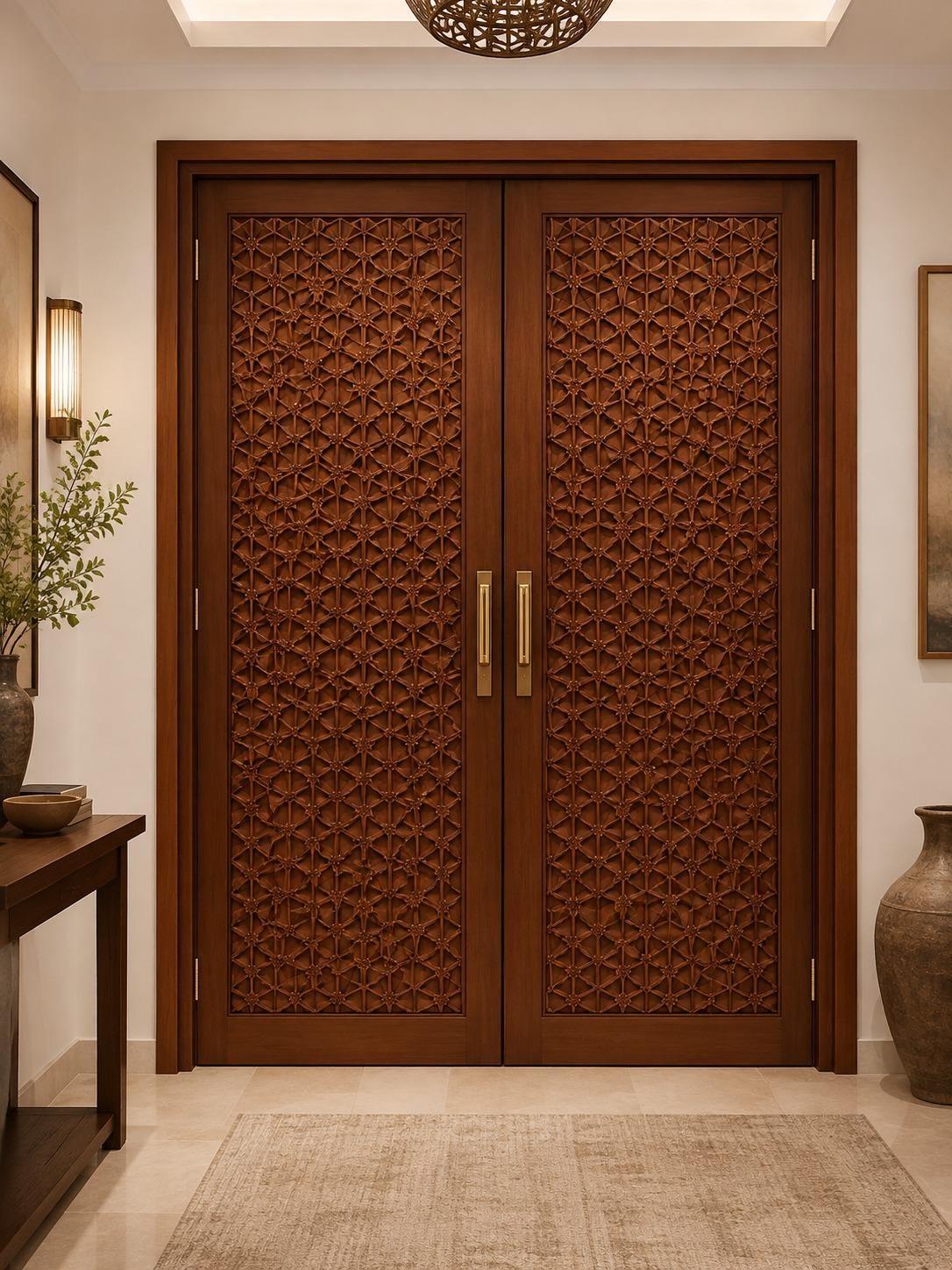 Solid Teak Wood Double Entry Door | CNC Carved Geometric Wave Pattern Exterior Door