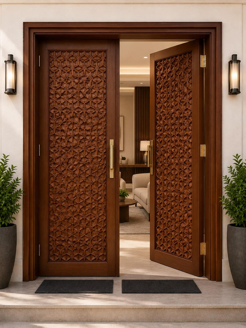 Solid Teak Wood Double Entry Door | CNC Carved Geometric Wave Pattern Exterior Door