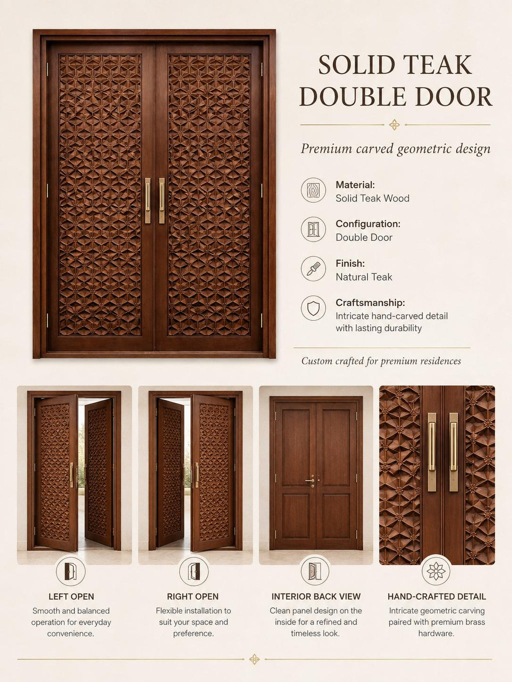 Solid Teak Wood Double Entry Door | CNC Carved Geometric Wave Pattern Exterior Door