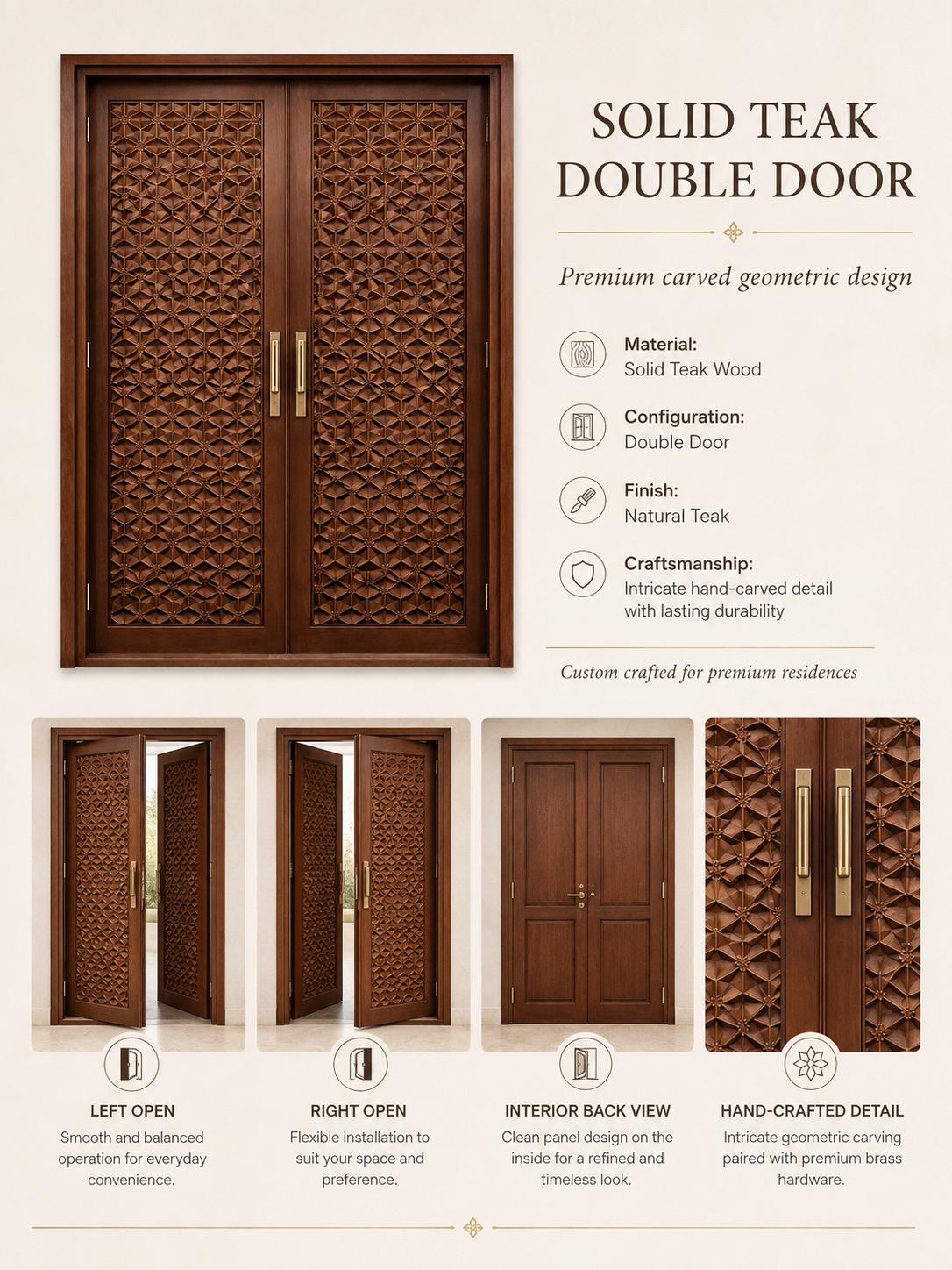 Solid Teak Wood Double Entry Door | CNC Carved Geometric Wave Pattern Exterior Door
