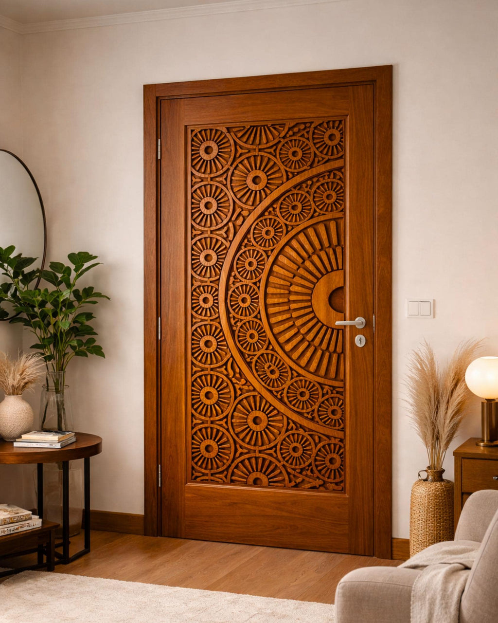 Solid Teak Wood Carved Door | CNC Wave Panel, Traditional Entryway Home Decor
