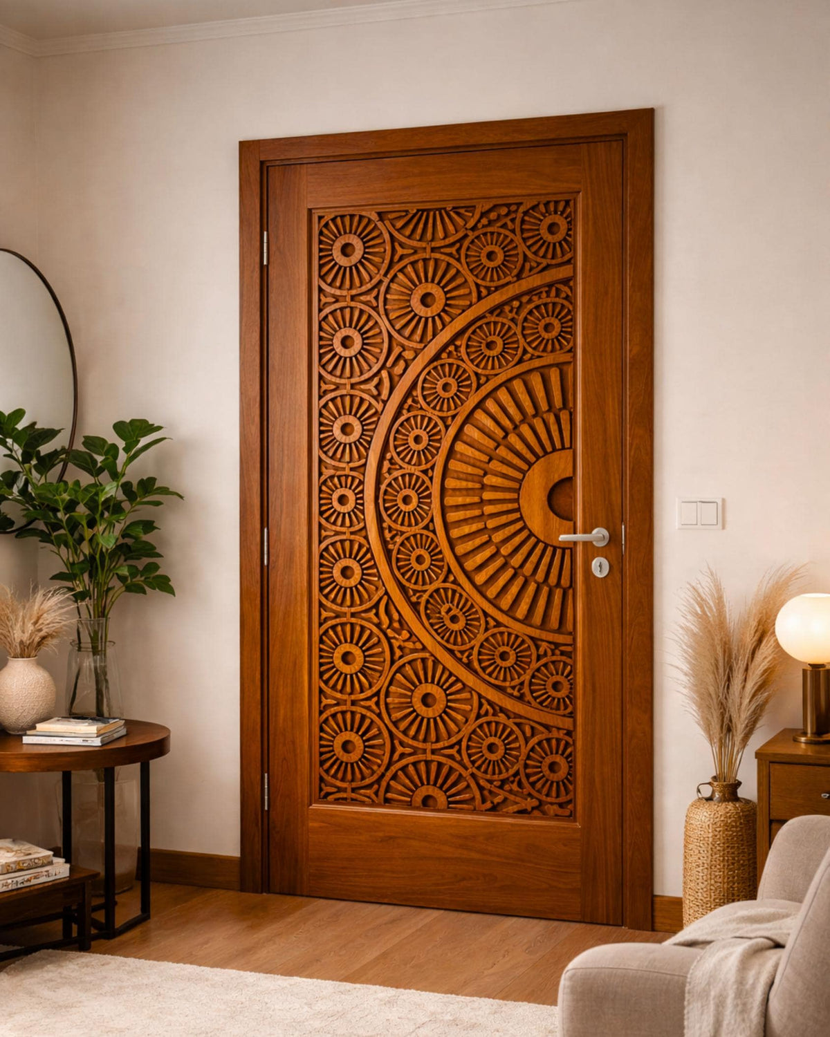 Solid Teak Wood Carved Door | CNC Wave Panel, Traditional Entryway Home Decor