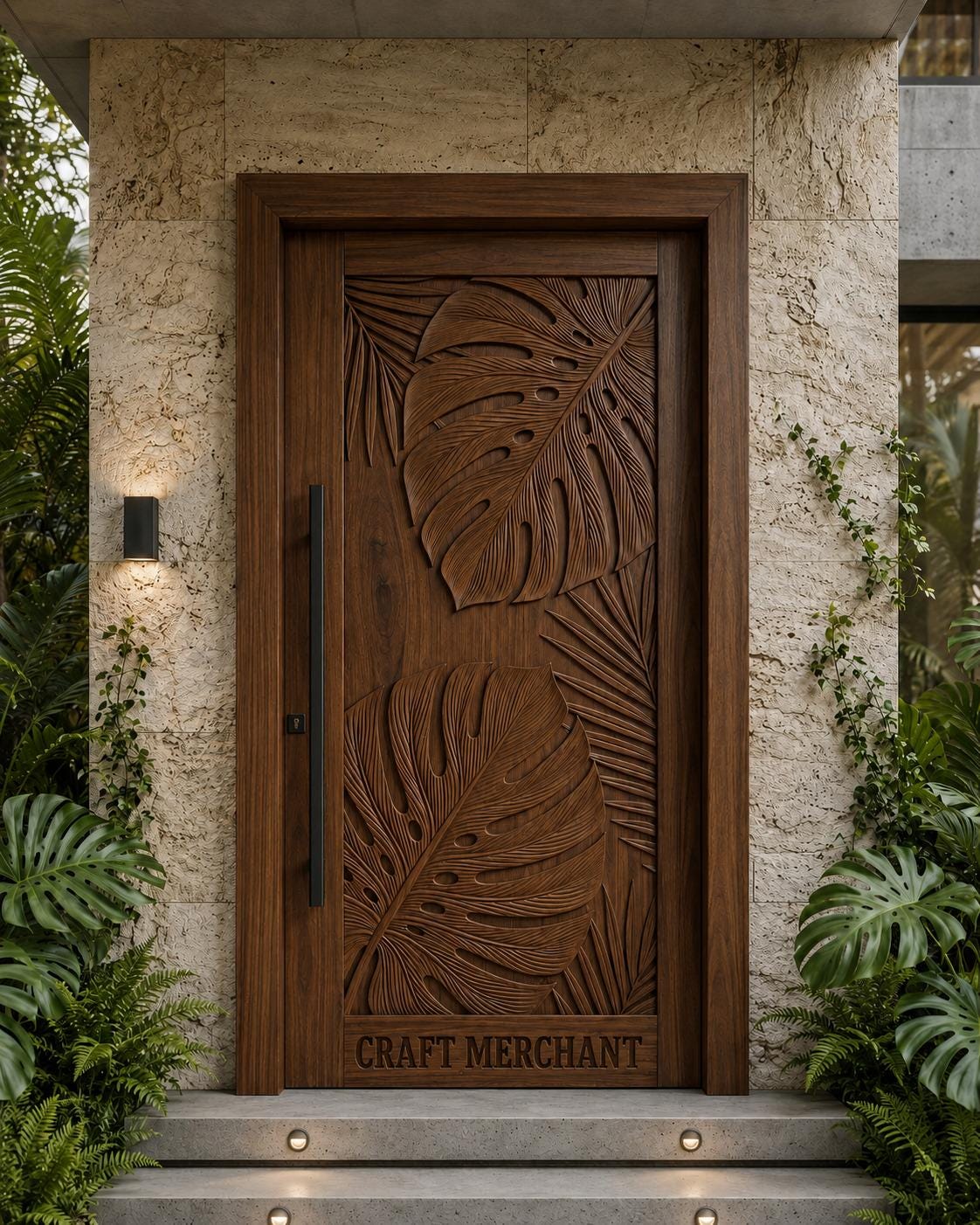 Solid Teak Wood Door | Hand Carved Tropical Leaf Exterior Entry Door