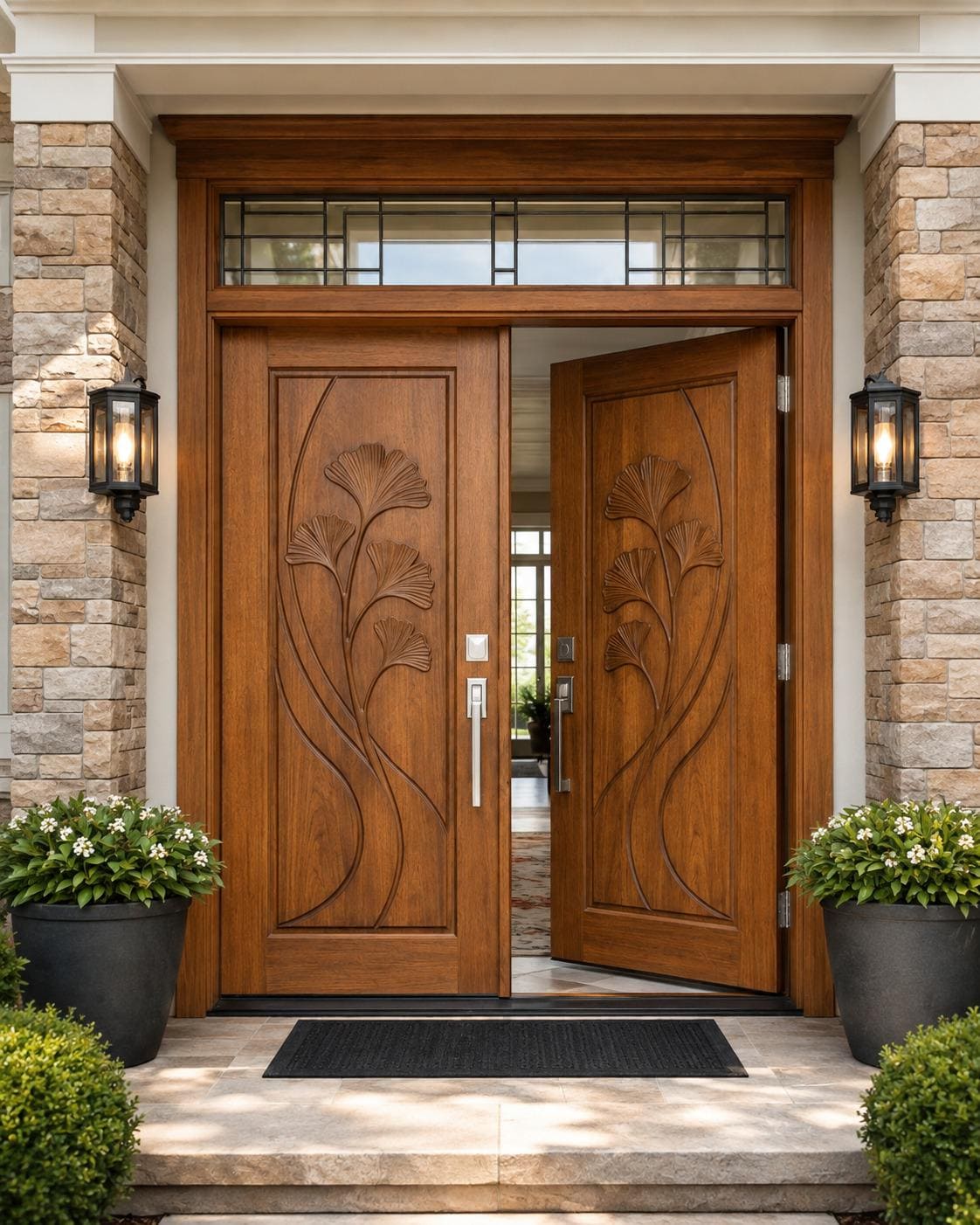 Solid Teak Wood Double Entry Door | Hand Carved Wave Design Exterior Wooden Door