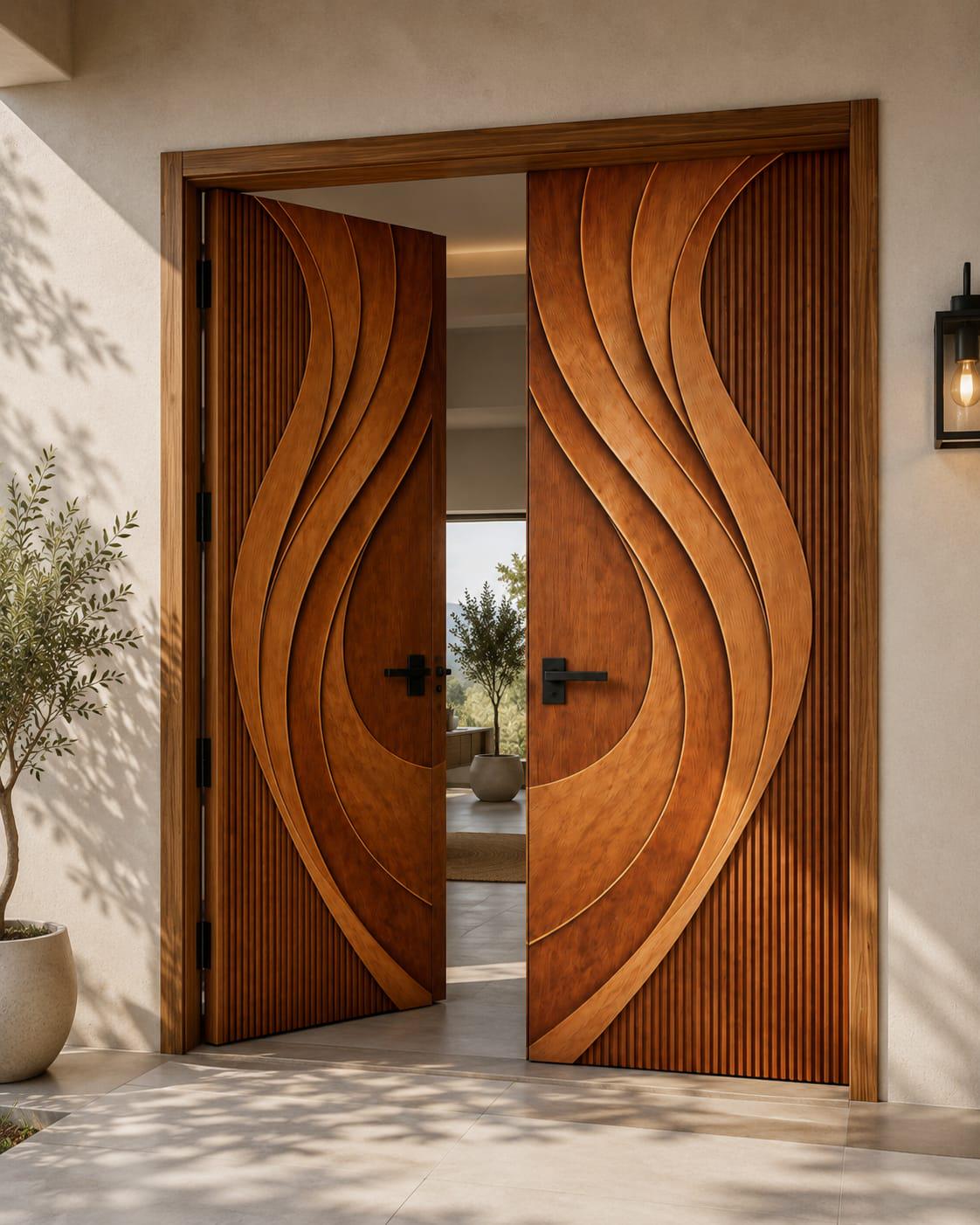 Solid Teak Wood Double Door | Modern Wave Carved Entrance, Custom Made