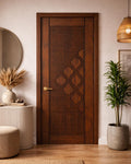 Solid Teak Wood Door | CNC Carved Wave Design, Walnut Finish, Custom Size