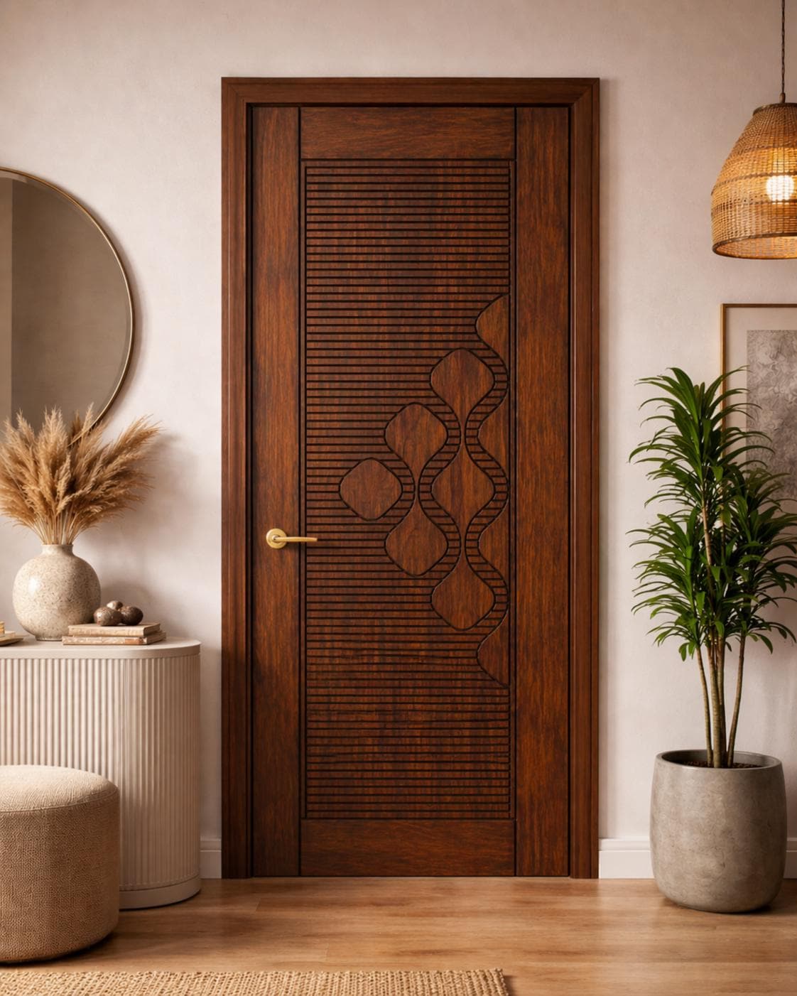 Solid Teak Wood Door | CNC Carved Wave Design, Walnut Finish, Custom Size
