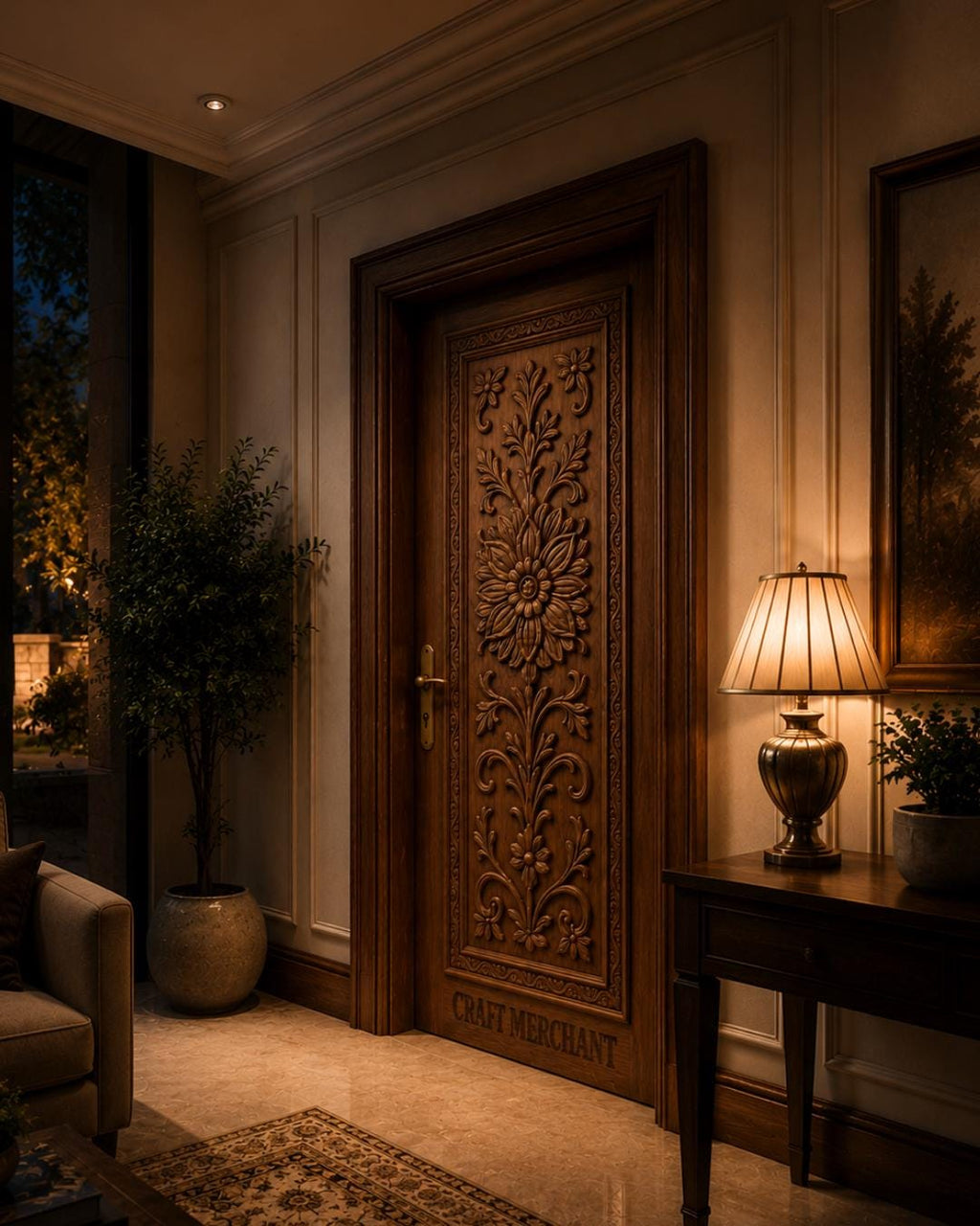 Solid Teak Wood Door | CNC Carved Wave Design, Walnut Finish, Custom Size