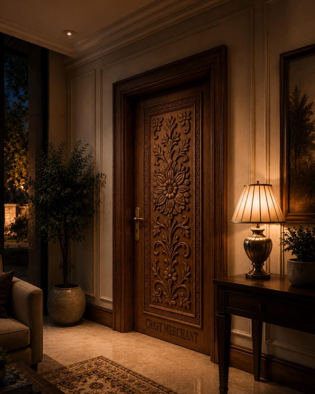 Solid Teak Wood Door | CNC Carved Wave Design, Walnut Finish, Custom Size
