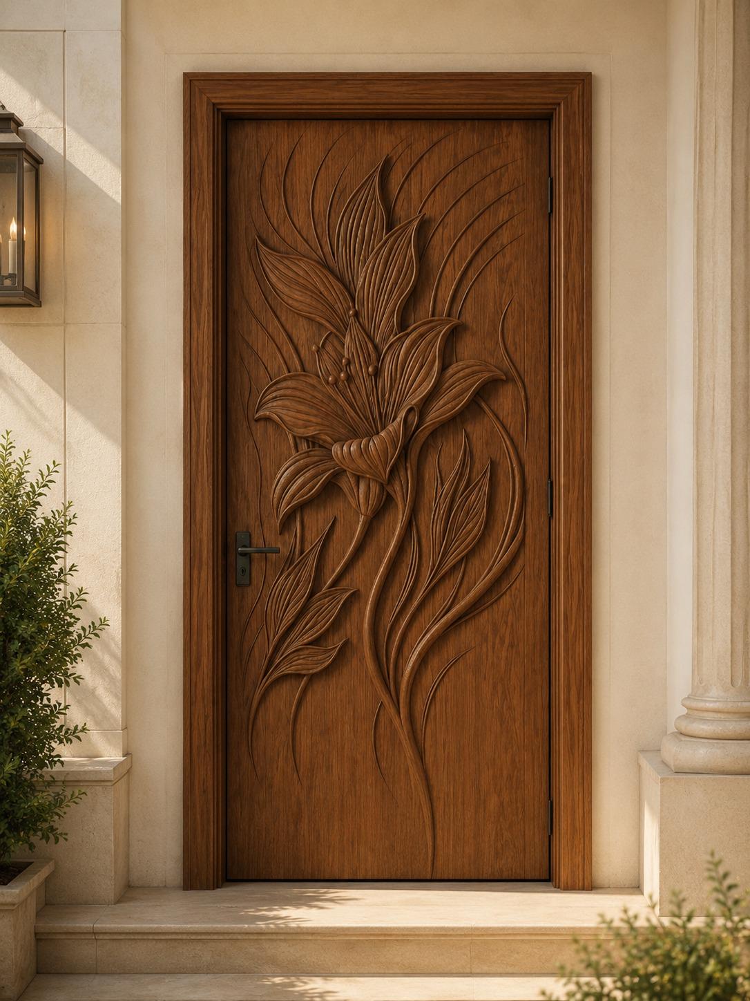 Hand Carved Solid Teak Wood Floral Door | Luxury Wooden Entry Door | Custom Main Entrance Door | Artisan Carved Door