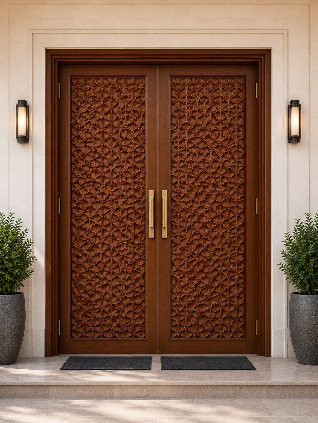 Solid Teak Wood Double Entry Door | CNC Carved Geometric Wave Pattern Exterior Door