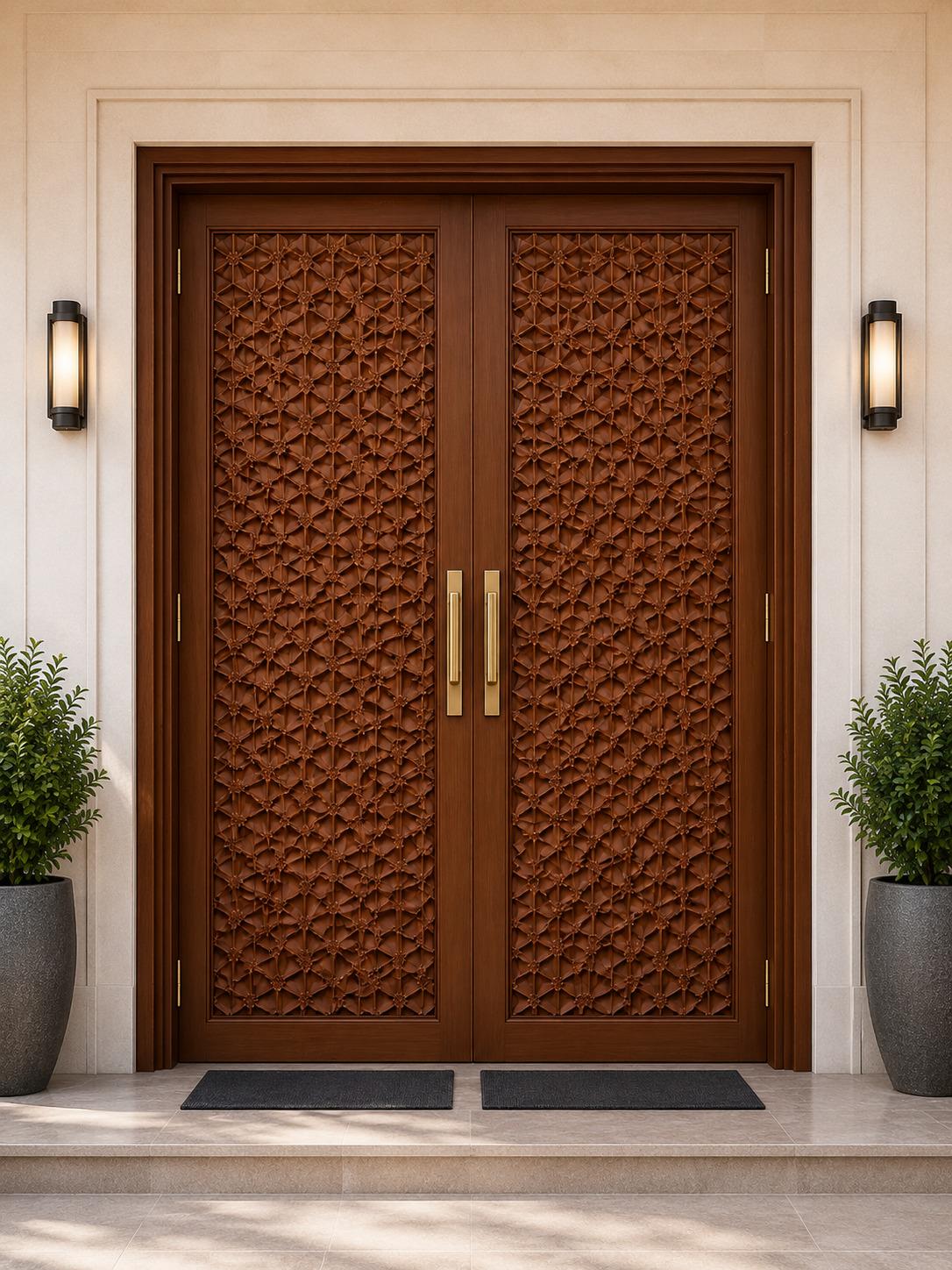 Solid Teak Wood Double Entry Door | CNC Carved Geometric Wave Pattern Exterior Door