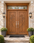 Solid Teak Wood Double Entry Door | Hand Carved Wave Design Exterior Wooden Door