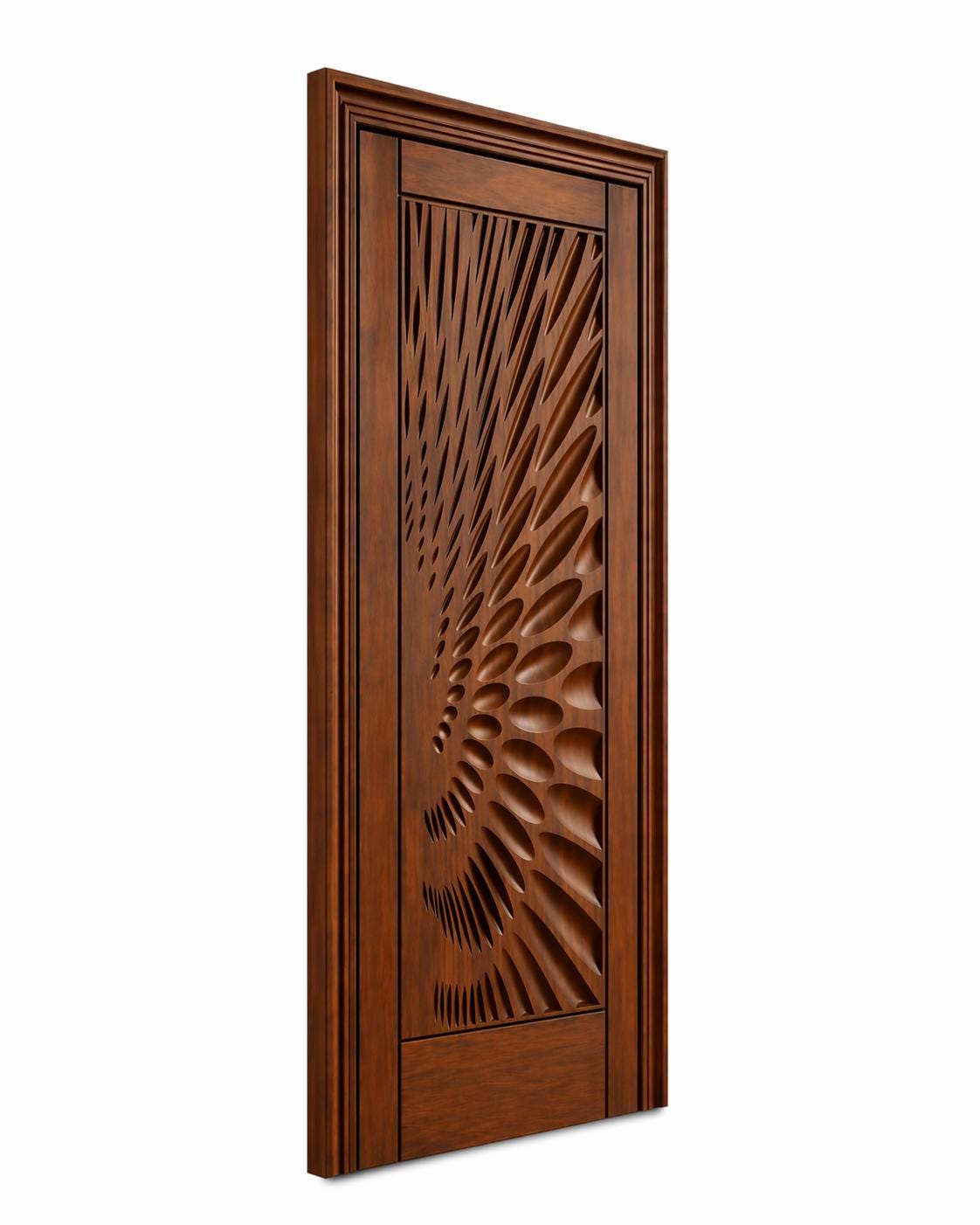 Solid Teak Wood Carved Door | CNC Wave Panel, Traditional Entryway Home Decor
