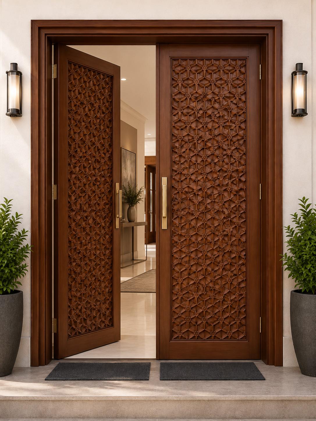 Solid Teak Wood Double Entry Door | CNC Carved Geometric Wave Pattern Exterior Door