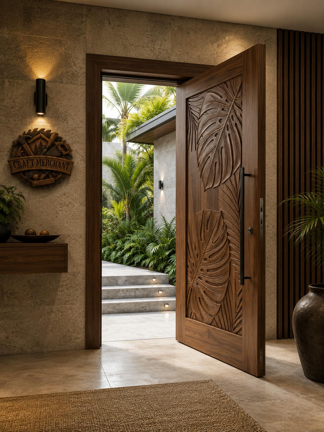 Solid Teak Wood Door | Hand Carved Tropical Leaf Exterior Entry Door