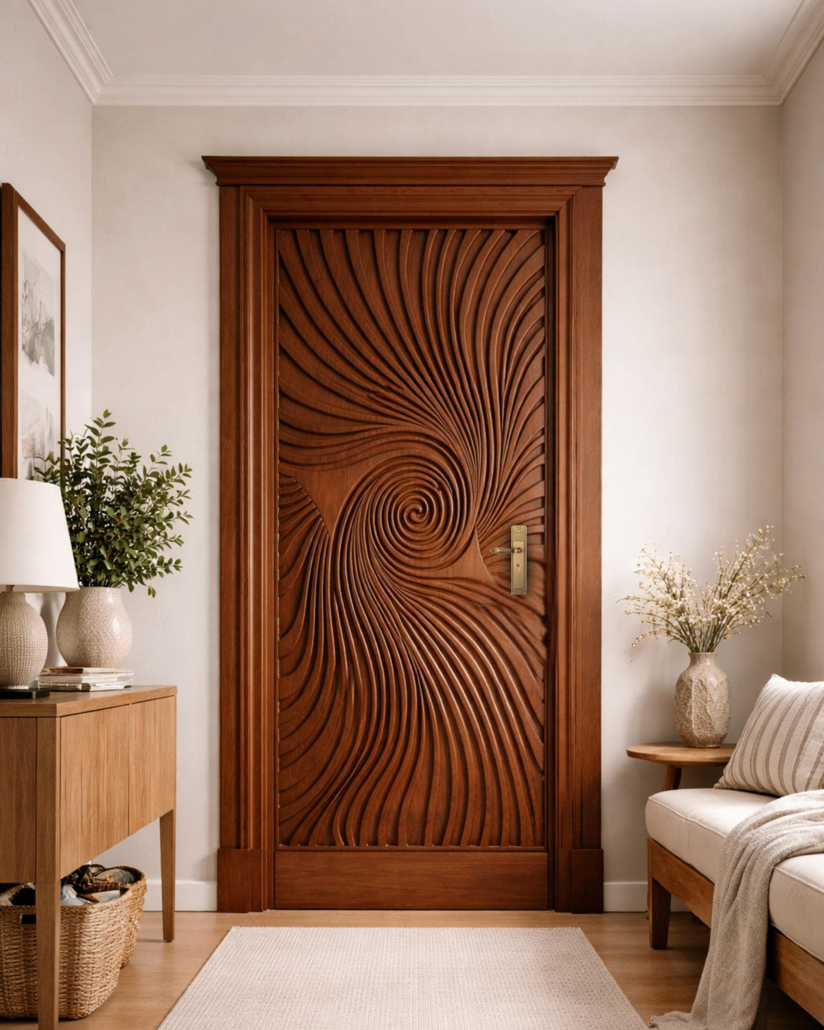 Solid Teak Wood Door | CNC Carved Wave Design, Interior Entry Panel