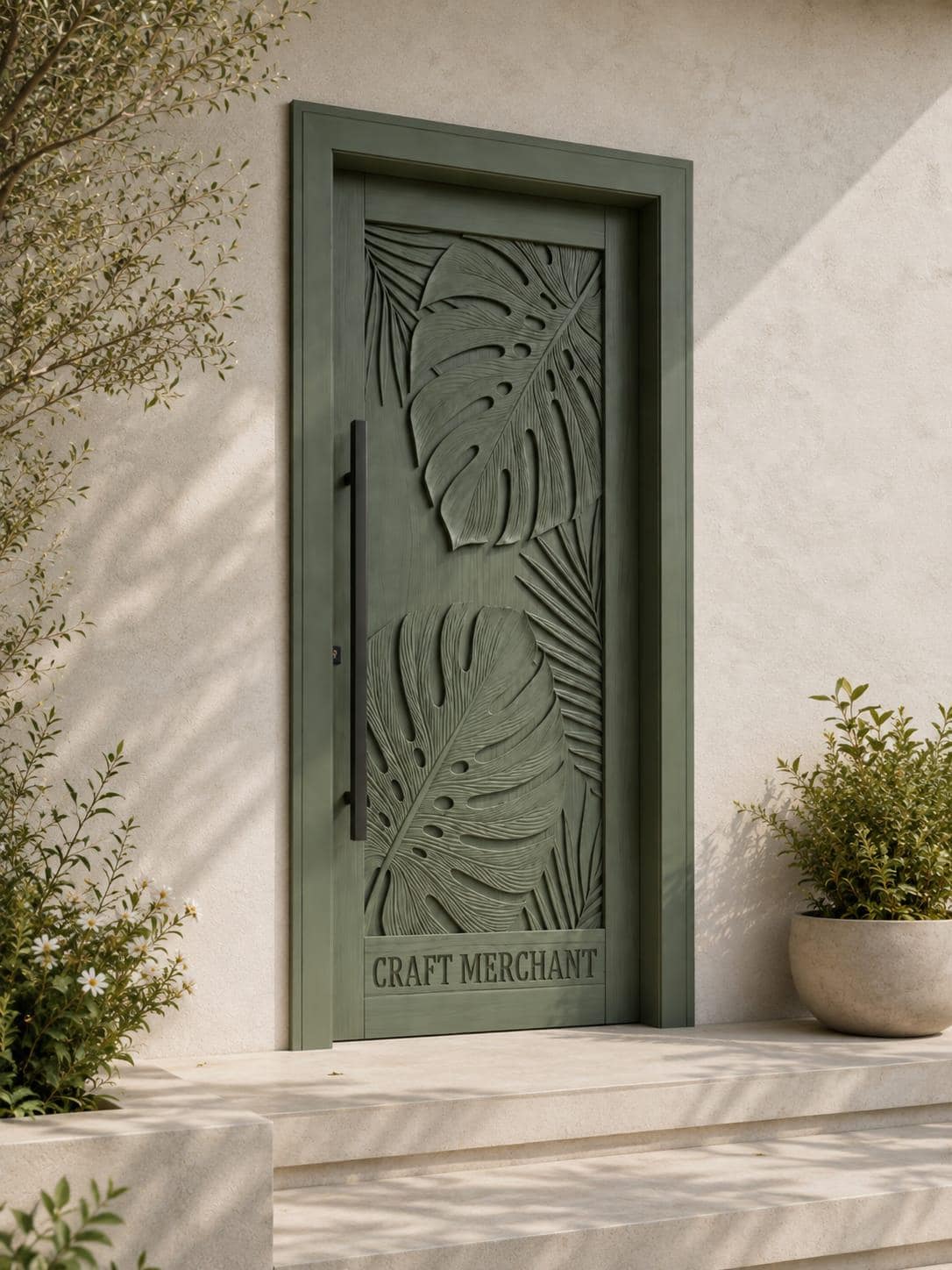 Handcrafted Teak Monstera Leaf Door | CNC Carved Exterior Entry (Custom Size).