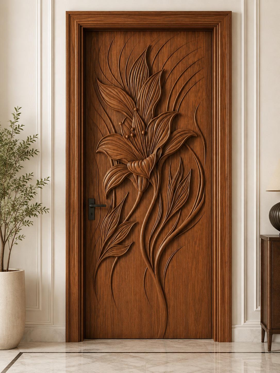 Hand Carved Solid Teak Wood Floral Door | Luxury Wooden Entry Door | Custom Main Entrance Door | Artisan Carved Door