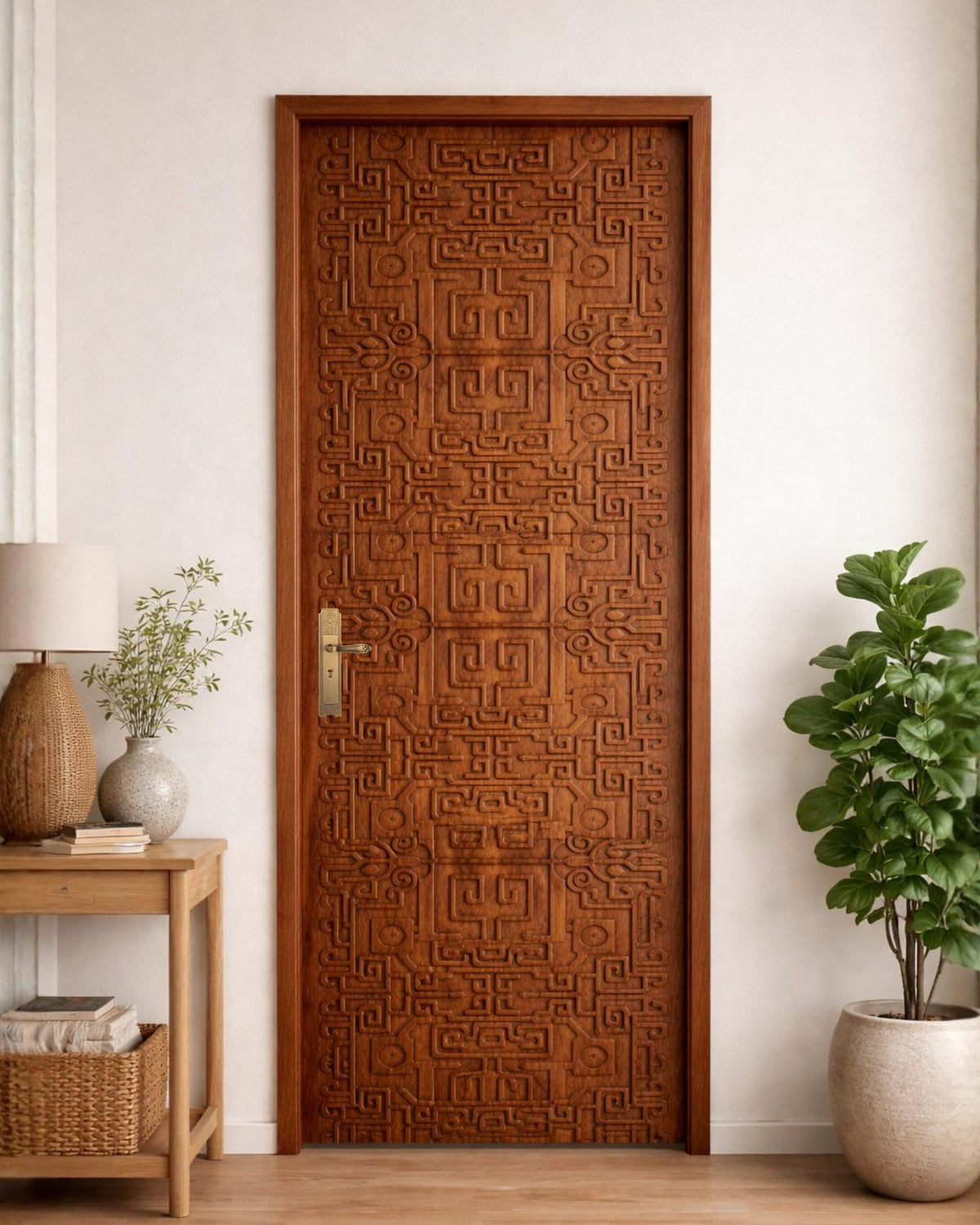 Solid Teak Wood Carved Door | Intricate Geometric Panel, Boho Rustic Home Decor