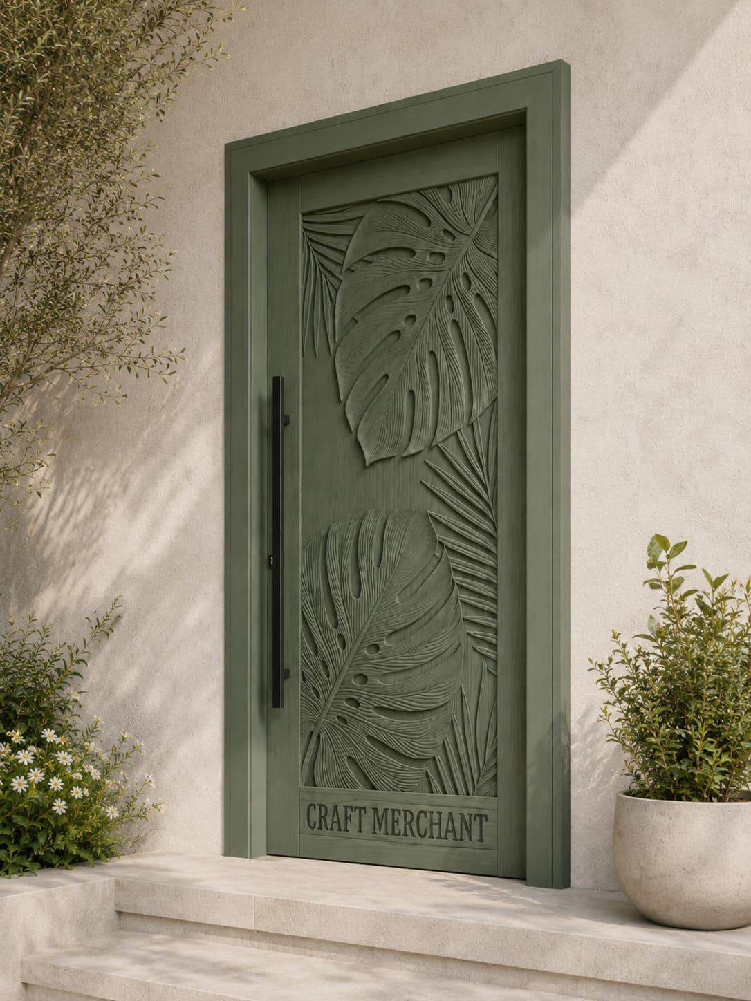 Handcrafted Teak Monstera Leaf Door | CNC Carved Exterior Entry (Custom Size).