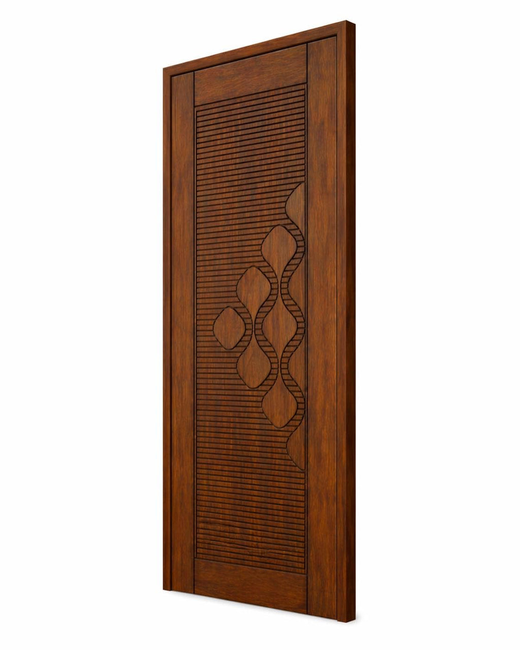 Solid Teak Wood Door | CNC Carved Wave Design, Walnut Finish, Custom Size