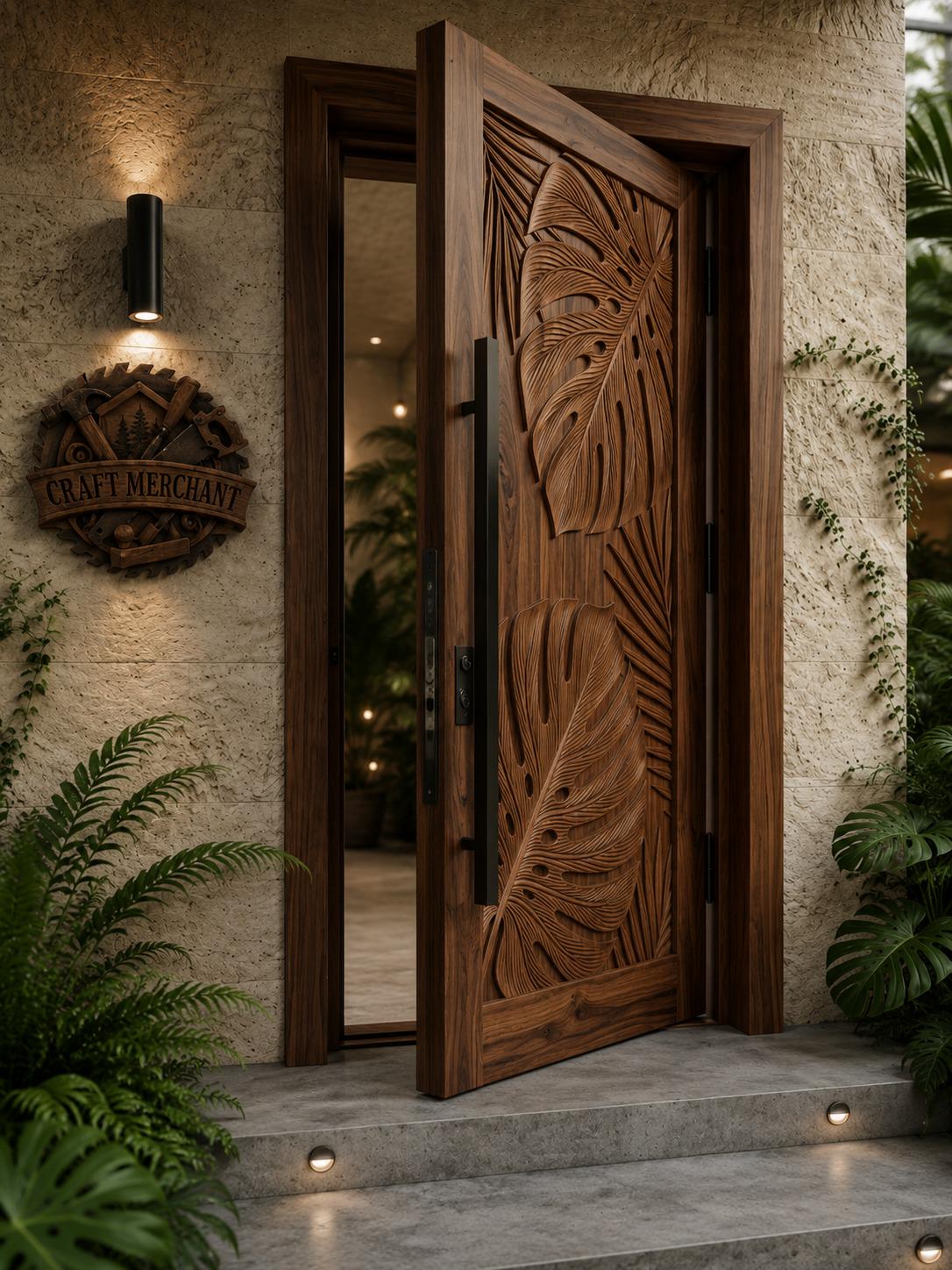 Solid Teak Wood Door | Hand Carved Tropical Leaf Exterior Entry Door