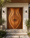 Solid Teak Wood Double Door | Modern Wave Carved Entrance, Custom Made