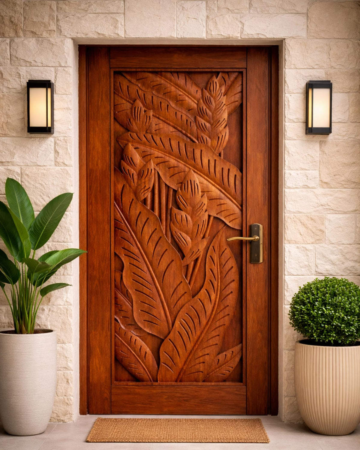 Solid Teak Wood Carved Door | Wave Geometric Design, Boho Rustic Home Decor