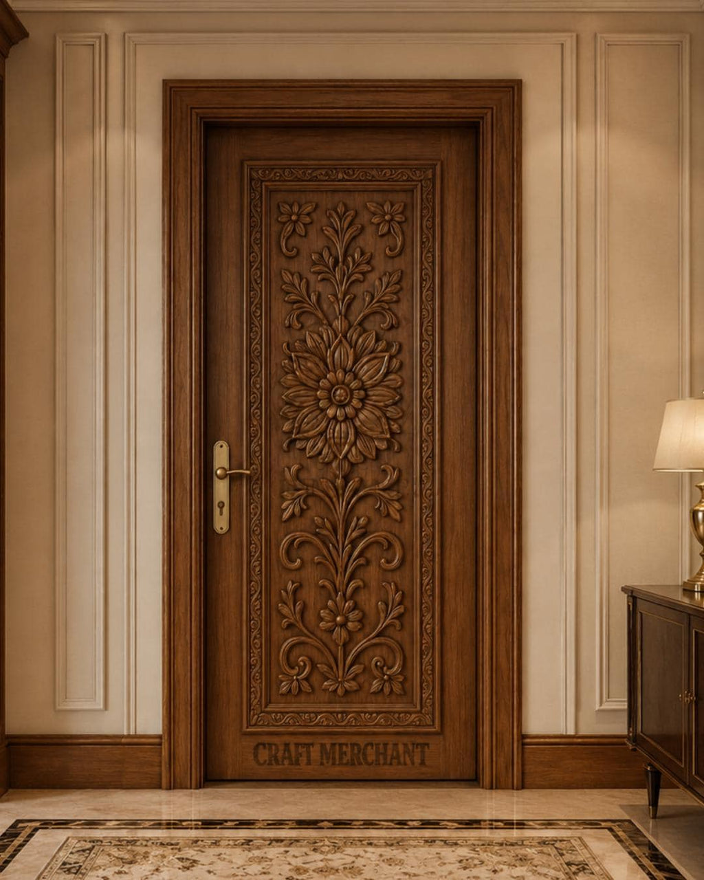 Solid Teak Wood Door | CNC Carved Wave Design, Walnut Finish, Custom Size