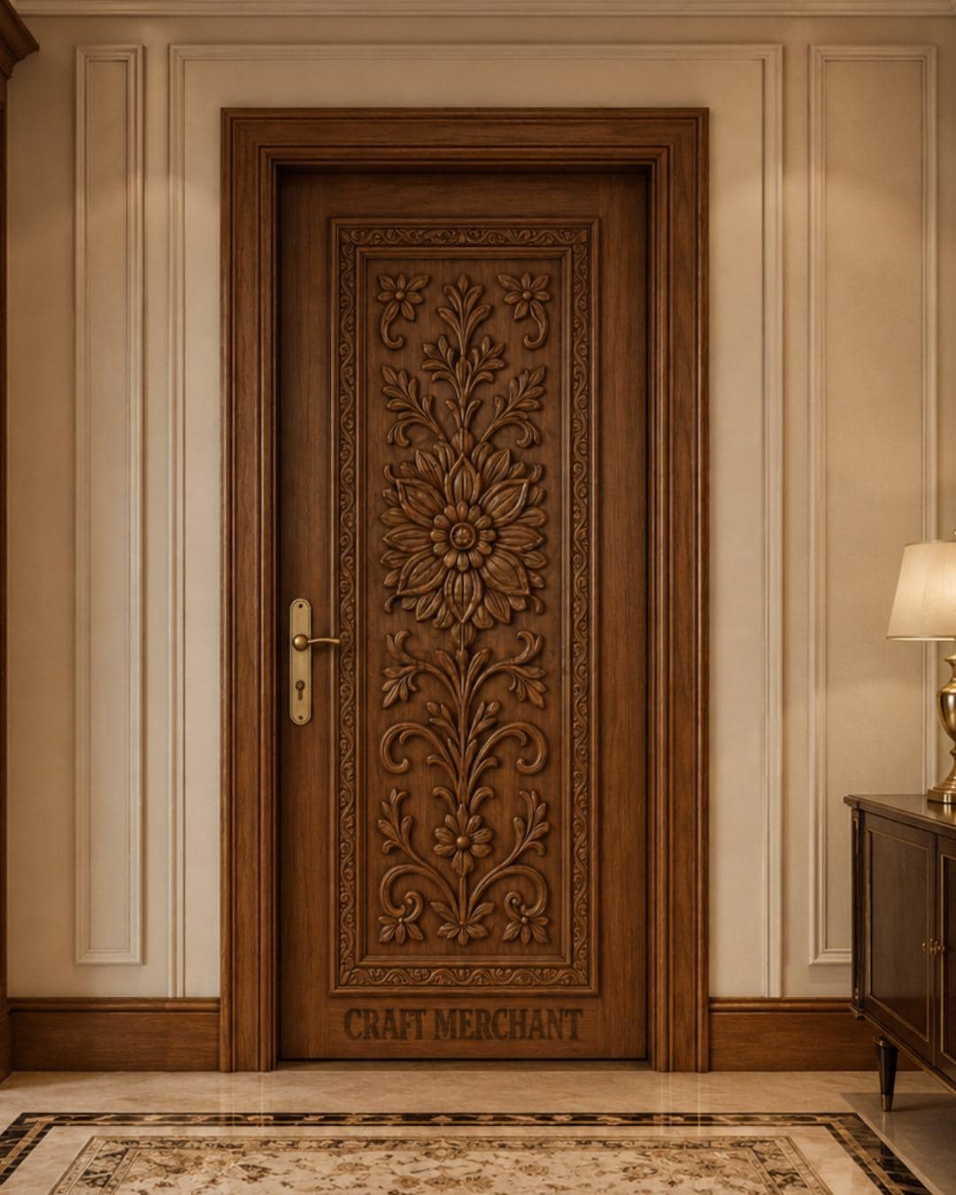 Solid Teak Wood Door | CNC Carved Wave Design, Walnut Finish, Custom Size
