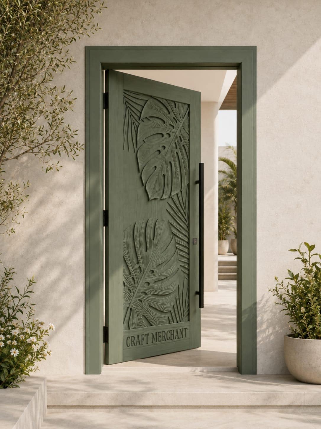 Handcrafted Teak Monstera Leaf Door | CNC Carved Exterior Entry (Custom Size).