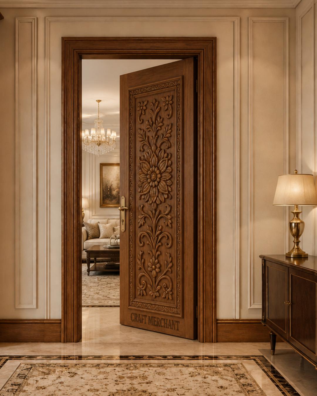 Solid Teak Wood Door | CNC Carved Wave Design, Walnut Finish, Custom Size