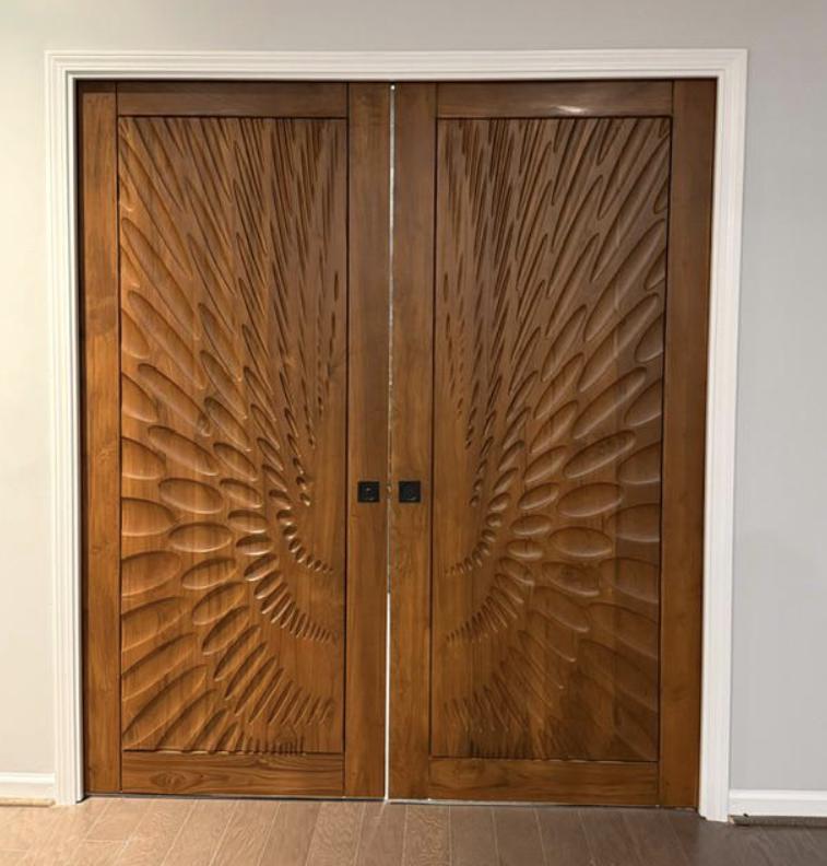 Solid Teak Wood Carved Door | CNC Wave Panel, Traditional Entryway Home Decor