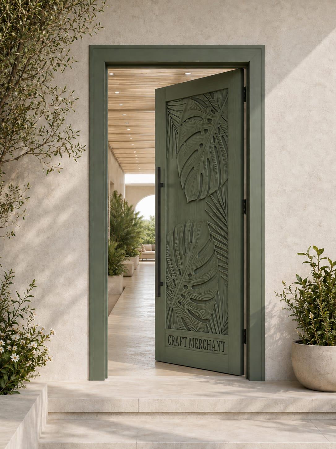Handcrafted Teak Monstera Leaf Door | CNC Carved Exterior Entry (Custom Size).