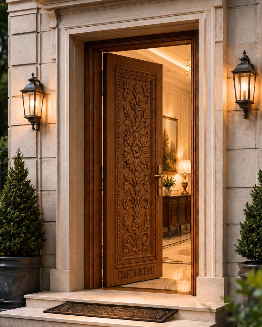 Solid Teak Wood Door | CNC Carved Wave Design, Walnut Finish, Custom Size