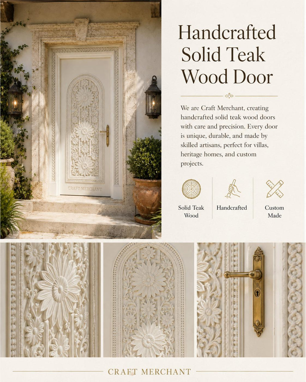 Luxury Solid Teak Wood Front Entry Door | Handmade Custom Exterior Door