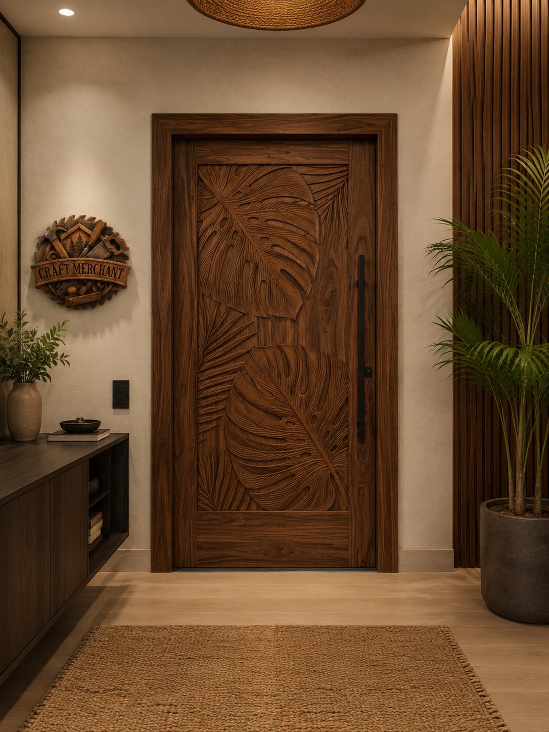 Solid Teak Wood Door | Hand Carved Tropical Leaf Exterior Entry Door