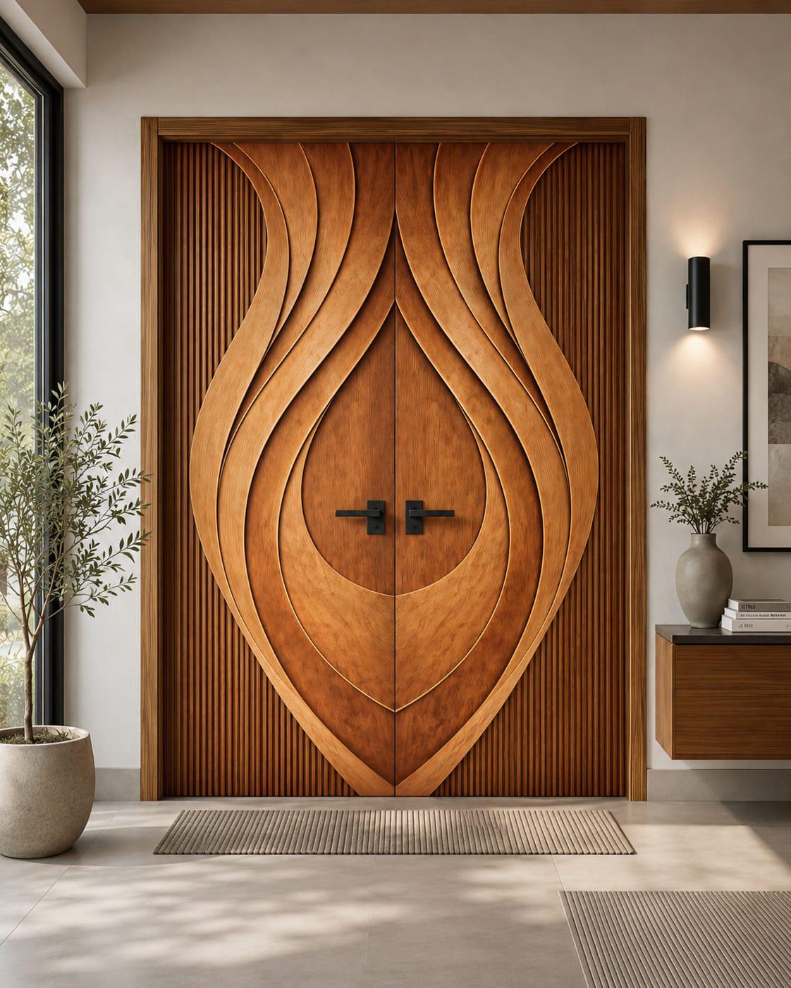 Solid Teak Wood Double Door | Modern Wave Carved Entrance, Custom Made