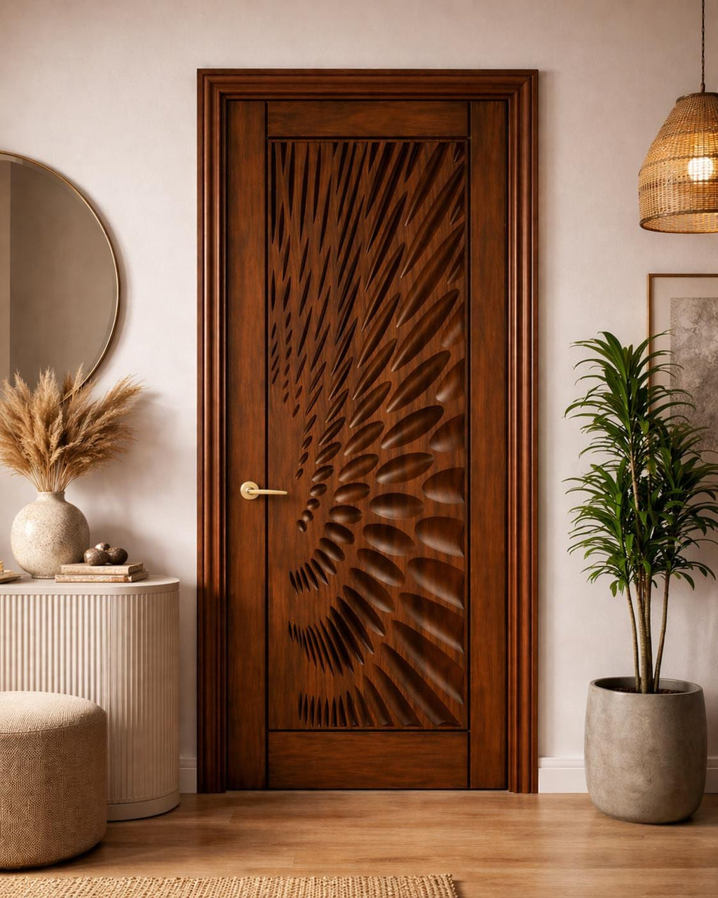 Solid Teak Wood Carved Door | CNC Wave Panel, Traditional Entryway Home Decor